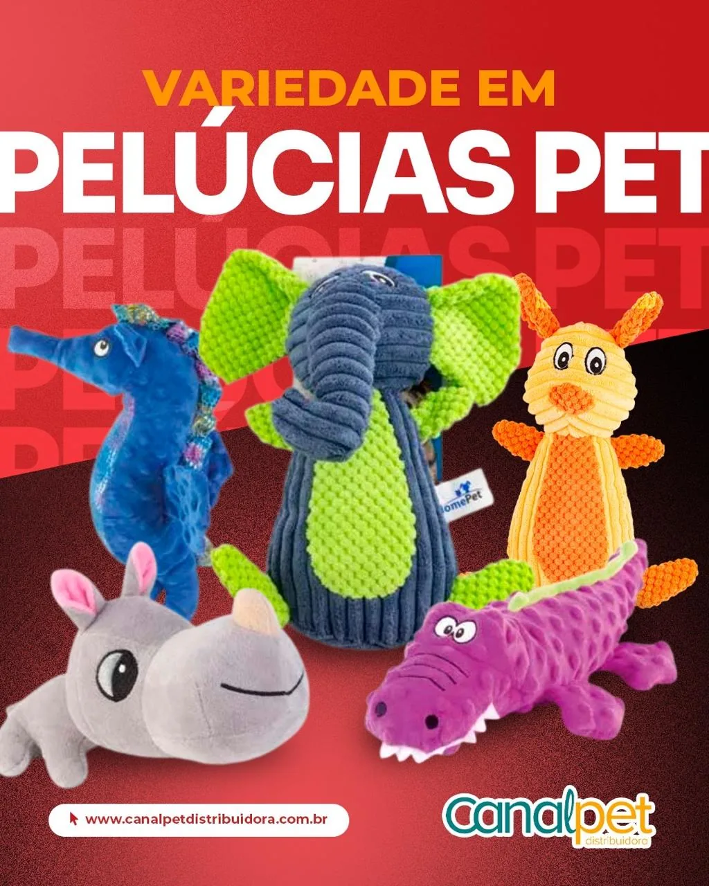 Variedade em pelúcias pet: elefante, crocodilo, rinoceronte, cavalo-marinho e outros brinquedos